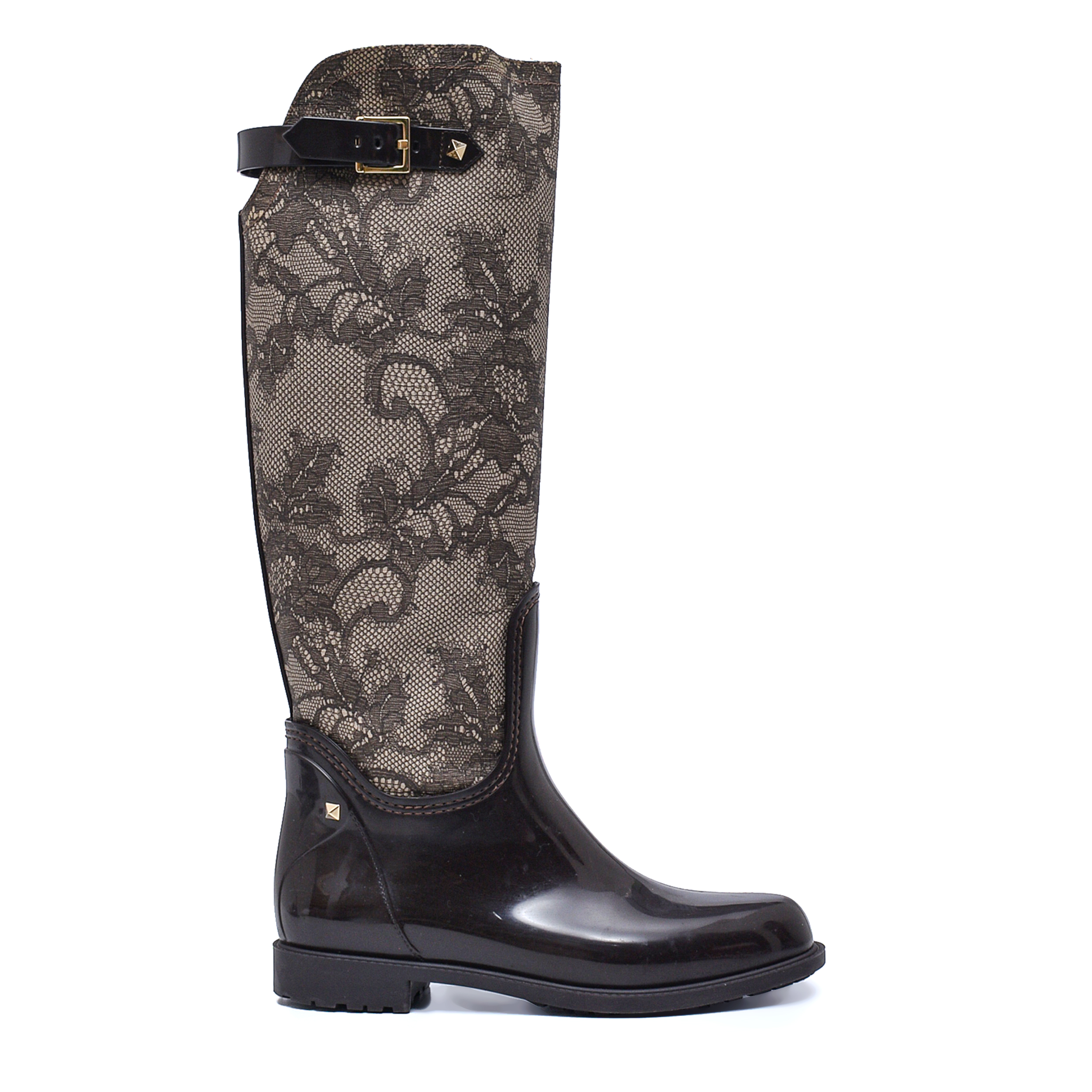 Valentino-Brown Rubber and Beige Lace Rain Boots 39